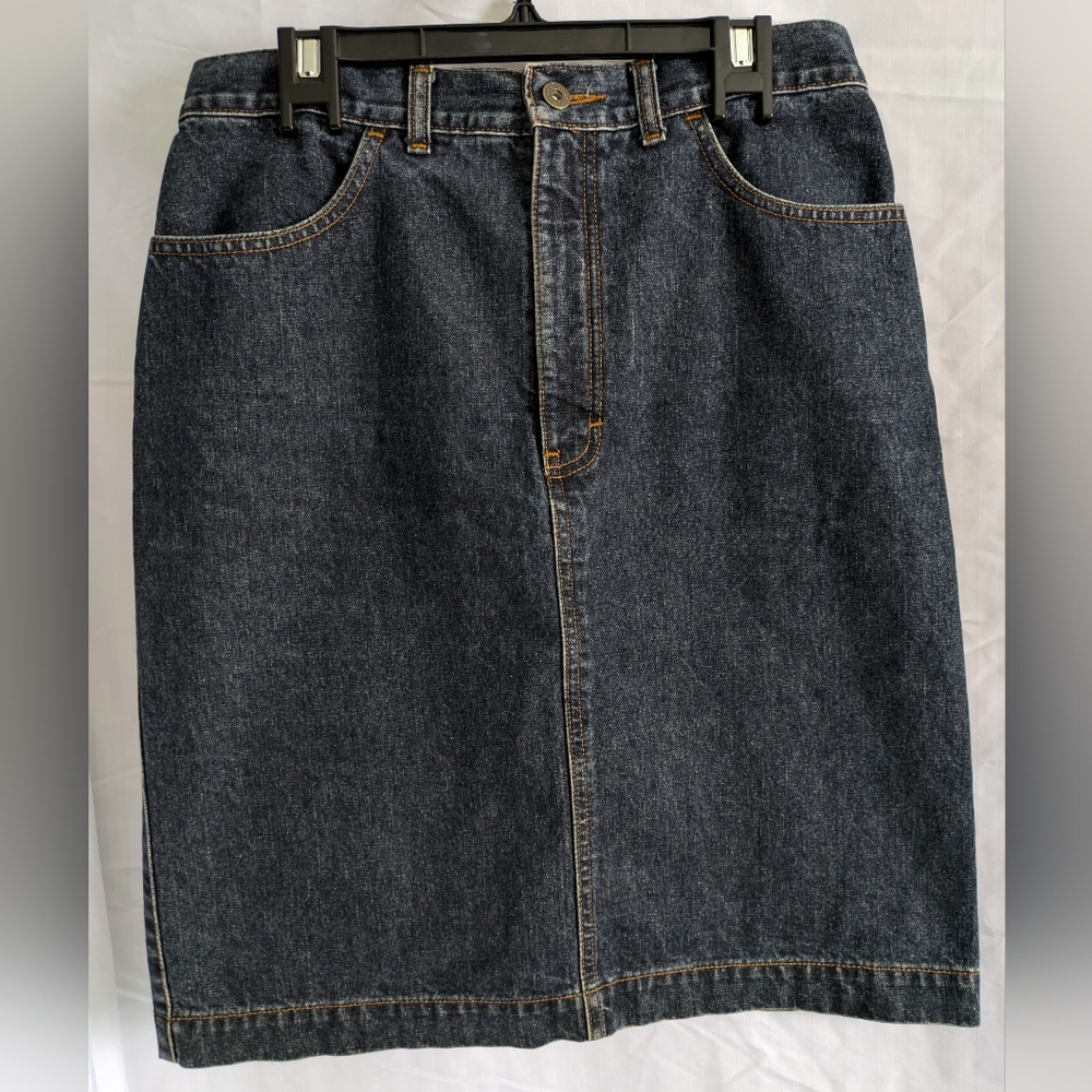 Denver Hayes Classic Blue Denim Jean Skirt Dark Wash Sz 10 Midi Back Slit Casual